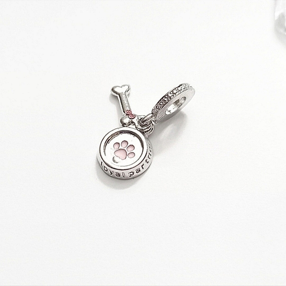 #62 Silver Pink Dog Puppy Bowl Bone Dangle Charm S925 - Picture 3 of 3